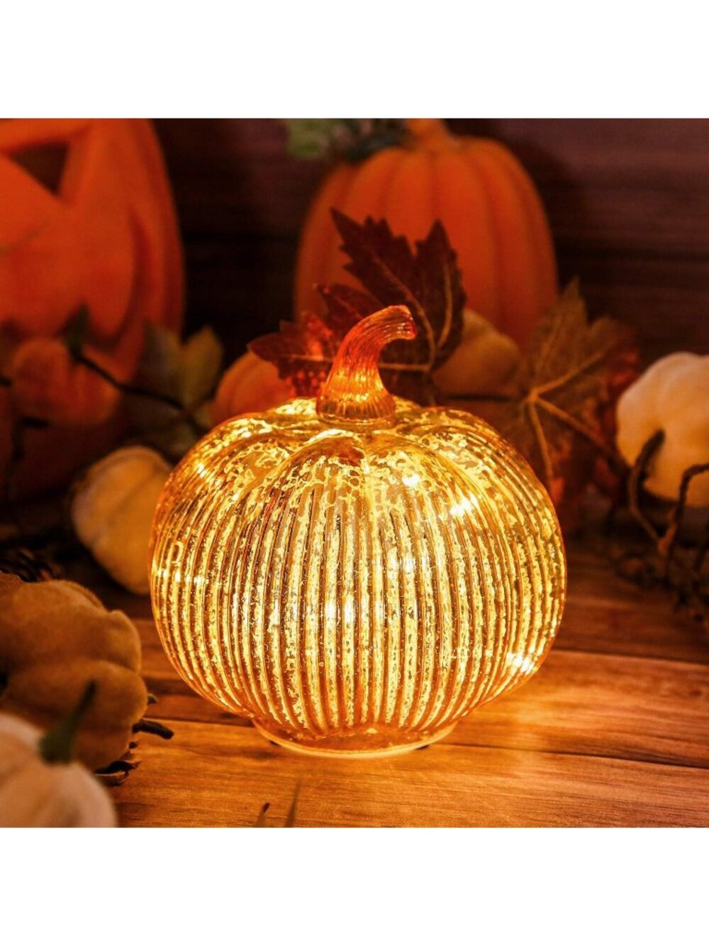 5.5"(14cm) Mercury Glass Light up Pumpkin with Timer Gold Battery Operated Decor